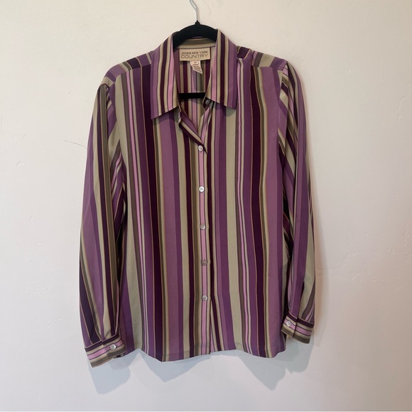 Jones New York Womens Striped 100% Silk Button Up Shirt Plus Size 16 Office Work - Picture 1 of 9